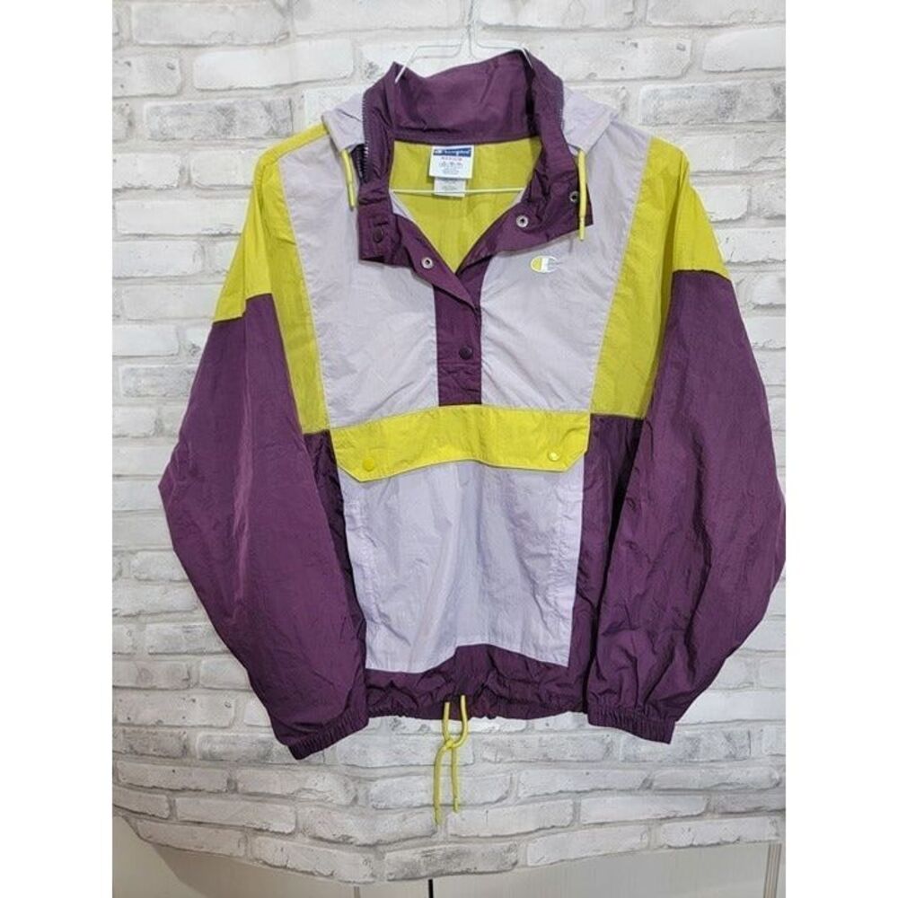 Champion Women's Purple Pebble Colorblock Half-Snap Hooded Windbreaker Medium M‎